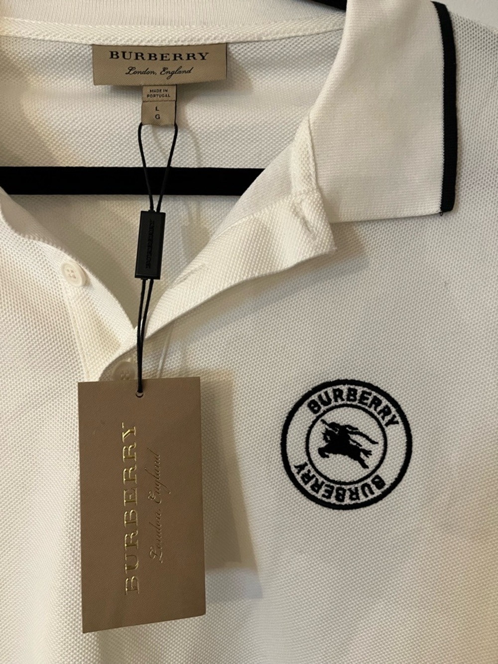 Burberry White Polo with Black Embroidered Logo and Trim